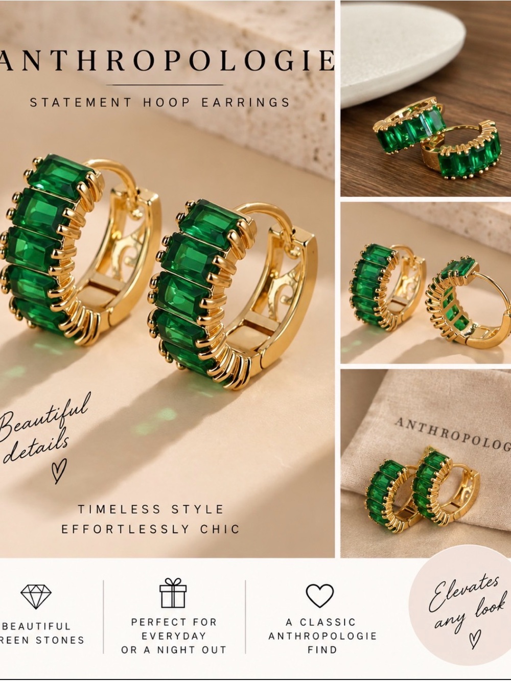 Anthropologie Gold Hoops with Emerald Green Stones